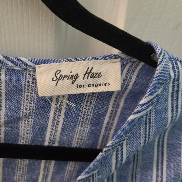 Spring Haze Womens Sz L Blue White Linen Blend Ruffle Pull String Top - Picture 4 of 6